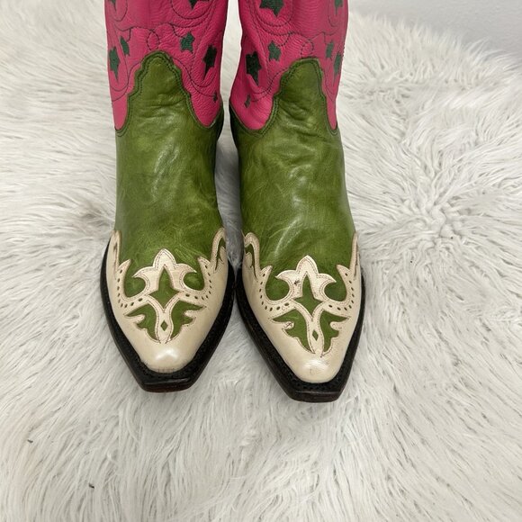 Vintage Nocona Western Cowboy Boots Pink Green Colorful Unique Size 11B Snip Toe - Picture 4 of 12